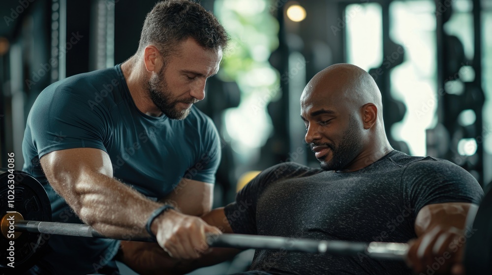 Poster conceptual image of a personal trainer guiding a client during a bench press session, emphasizing sa