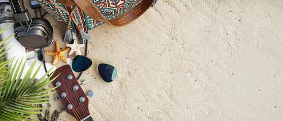 Simple beach vacation essentials include guitars, headphones, sunglasses, beach bags, starfish and tropical elements on the sand.]]]][[[[[