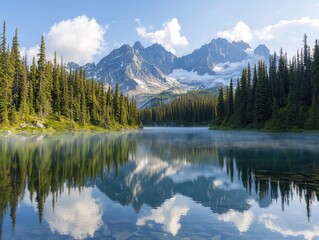 A serene lake reflects majestic mountains and lush forests under a clear blue sky, capturing the essence of nature's beauty.