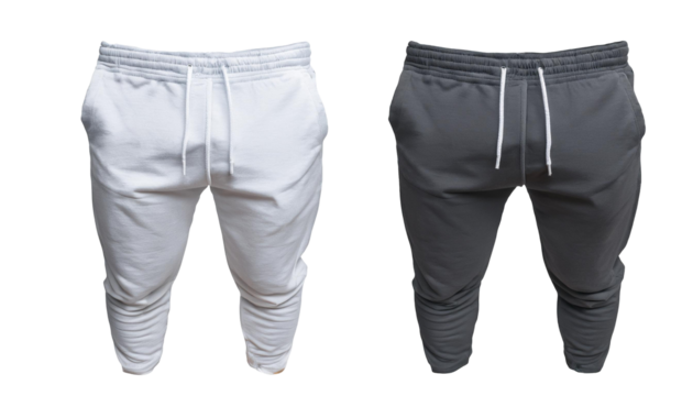 2 Set of white and light grey gray, front back view sweatpants jogger sports trousers bottom pants on transparent background