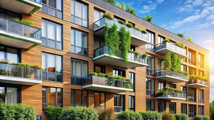 Obraz premium Modern apartment building exterior with plant-filled windows in forced perspective view