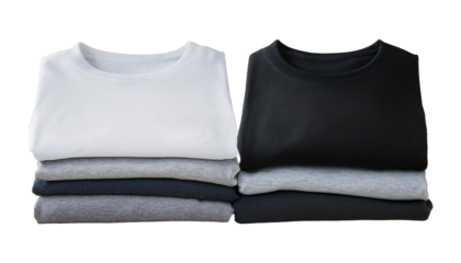 3 Set of pile stack group of folded blank black grey gray white tee t shirt sweater round neck  on transparent background