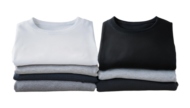 3 Set of pile stack group of folded blank black grey gray white tee t shirt sweater round neck  on transparent background