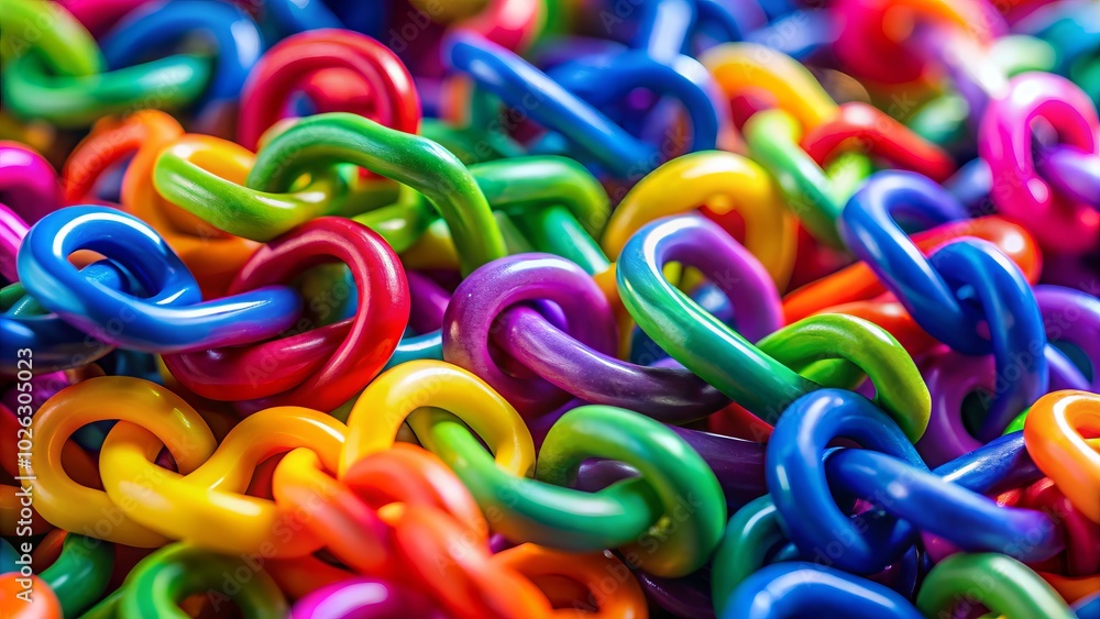 Poster vibrant plastic chains captured through tilt-shift photography create a playful and abstract art pie