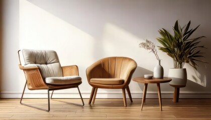 Obraz premium A mid-century modern chair, a small round coffee table, and space for additional graphic designs