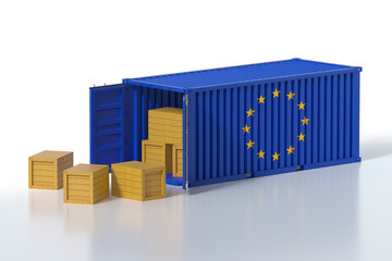 Freight Transportation from European Union, Shipment and Shipping Concept, Open Cargo Container with Flag of the European Union Full of Wooden Boxes Isolated on White Background, 3d Rendering