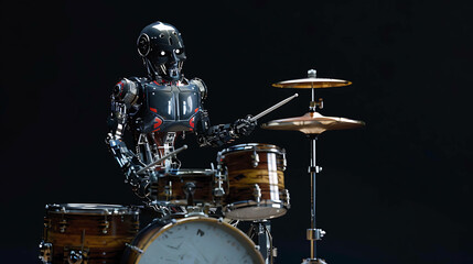A metallic robot playing the drums.