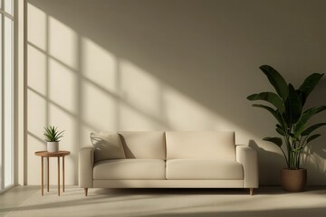 A cozy living room featuring a light sofa, a small side table, and a decorative plant, all enhanced by natural sunlight and shadows.