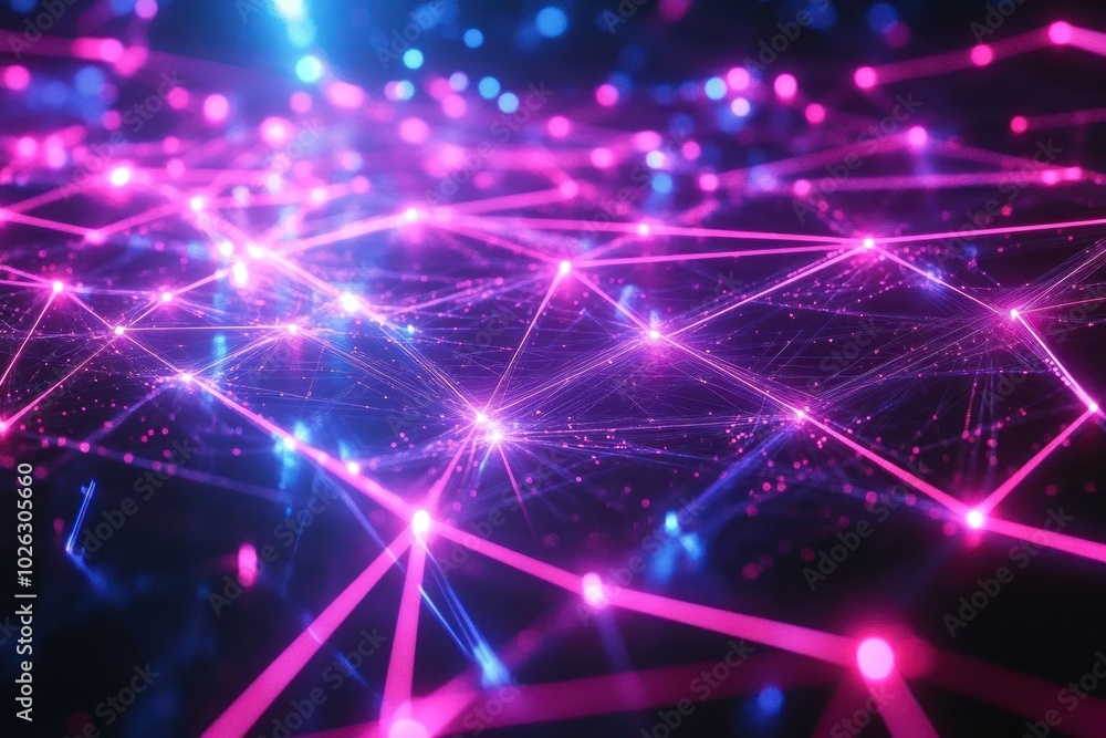 Poster abstract digital network with glowing lines and dots in pink and blue colors on a dark background.