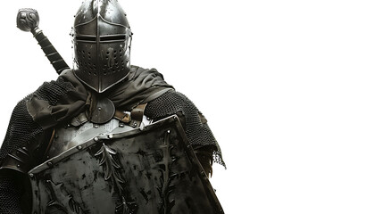 Fototapeta premium Dark knight in full armor holding a sword and shield.