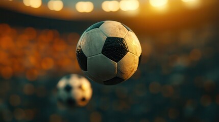 Fototapeta premium Close-up of flying soccer balls in a vibrant stadium, capturing the essence of sports under warm, glowing lights.