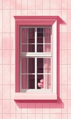 Fototapeta premium Minimalistic pink pastel window with curtains and flowers, highlighting simple elegance and a soft, calm atmosphere