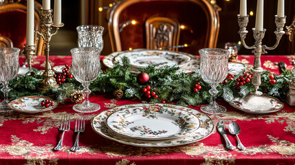 Christmas Table Setting with Silver Candelabras and White Candles