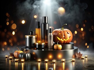 Halloween Cosmetic Product Showcase with Double Exposure and Abstract Design for Promotional Backgrounds