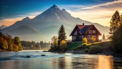 Fototapeta premium Mountain house by river against backdrop of mountain silhouette