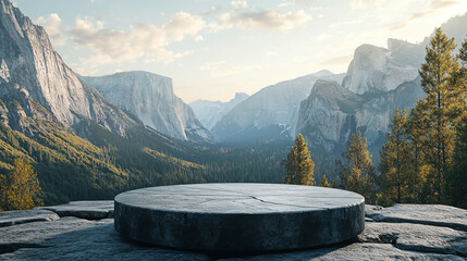 Scenic mountain landscape with a circular stone platform, surrounded by lush greenery and expansive views under a clear blue sky.