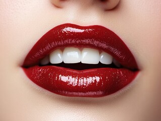 Fototapeta premium A detailed close-up of a woman's red lips slightly parted, revealing teeth, isolated on white background 