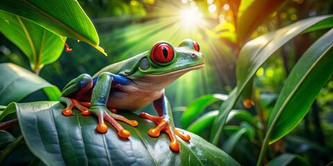Vibrant red-eyed tree frog nestled in lush rainforest foliage, captured through urban exploration photography, showcasing nature's beauty amid hidden urban environments, inspiring wonder 