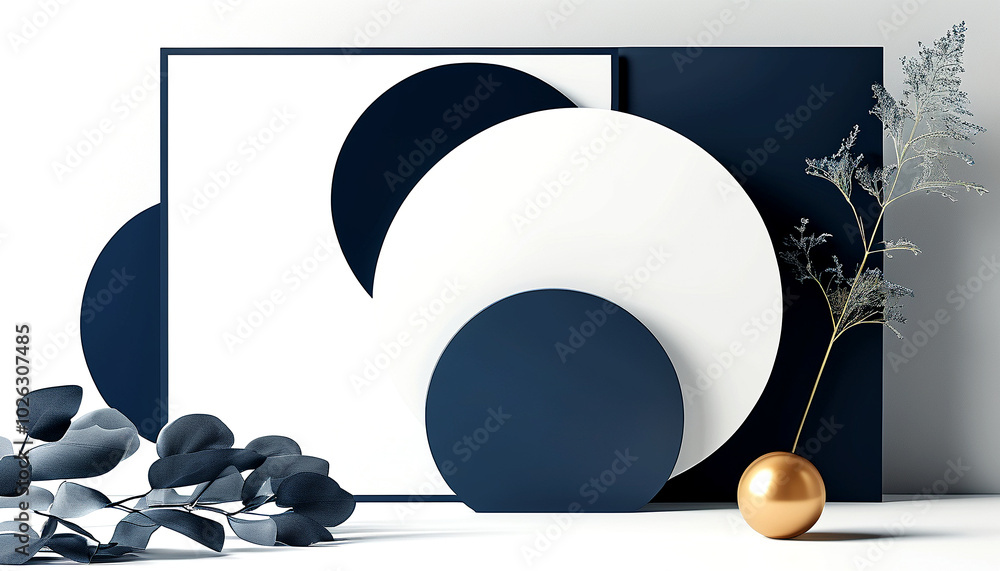 Poster artistic composition of geometric shapes and natural elements in a minimalist setting