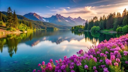 Mountain Lake surrounded by pink and purple flowers, serene atmosphere