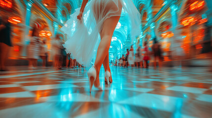 bride's elegant legs adorned in white high heels, symbolizing beauty, femininity, and the excitement of love on her special day, framed by a delicate backdrop