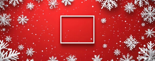 Festive red Christmas background with large white snowflakes and an empty square frame for holiday designs