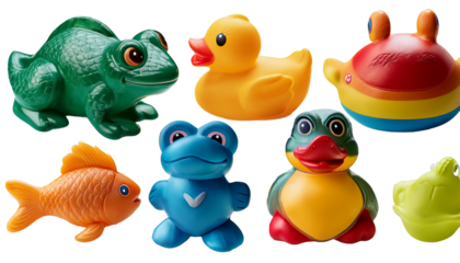A collection of rubber animal toys, such as a duck, frog, and fish on transparent background