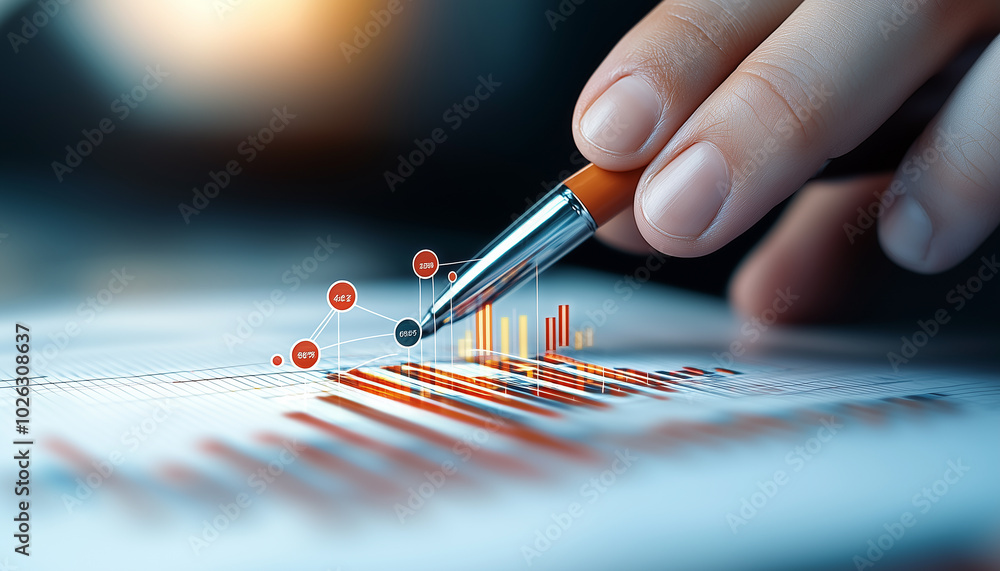 Aufkleber Analyzing data trends with pen on report, showcasing graphs and statistics. This captures essence of business analysis and decision making