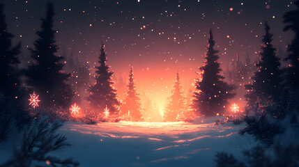 Fototapeta premium Dreamy Christmas Winter Greeting Wallpaper for Spa and Hotel Receptions with Magical Cartoon Illustrations