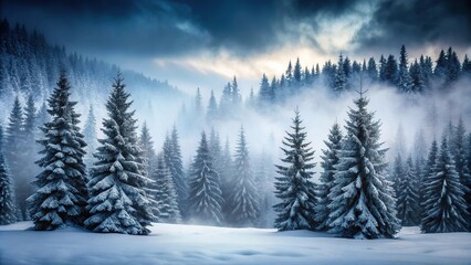 Moody winter scenery with snow-covered fir trees in fog