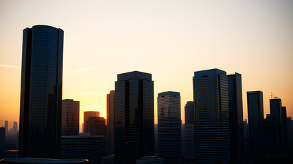 Obraz premium Corporate Skyline featuring tall glass buildings at sunset