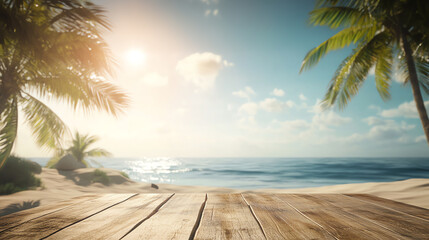Sunlit tropical beach with palm trees, wooden deck, and a tranquil ocean view under a clear blue sky, perfect for a relaxing getaway.