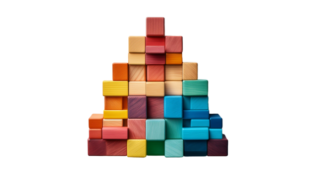 A colorful stack of wooden blocks arranged on transparent background
