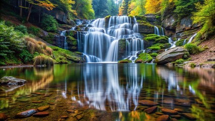Mountain landscape with a reflective waterfall in the Huk Zhenetskyi Carpathians