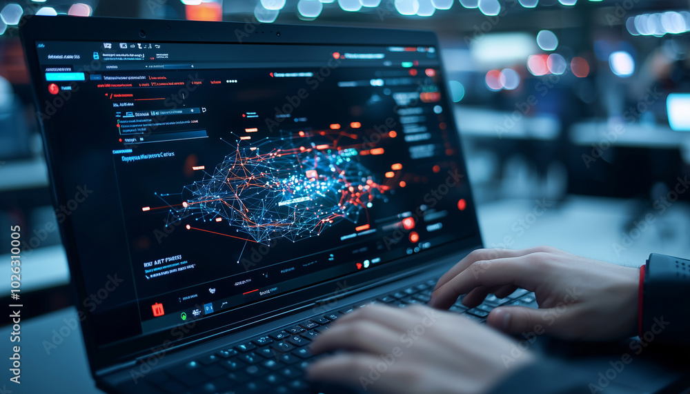 Aufkleber close up of laptop screen displaying complex data visualization with interconnected nodes and lines, showcasing technology and digital communication. scene evokes sense of innovation and modernity
