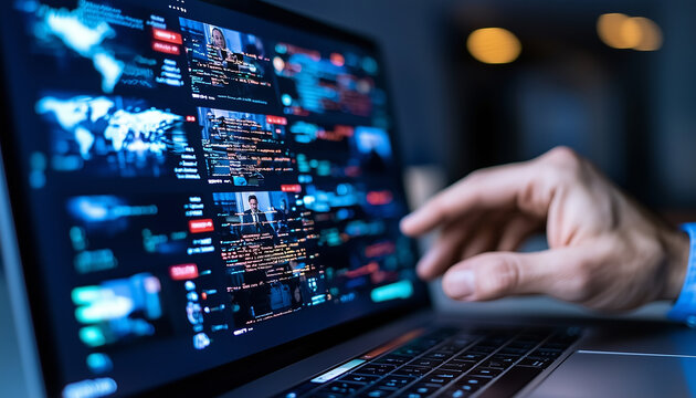 close up of laptop screen displaying video call with various data and information overlays. hand reaching towards screen suggests interaction and engagement with digital content