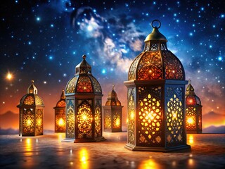 Obraz premium Intricate Arabic Lanterns Glowing Against Night Sky for Ramadan - Spiritual Atmosphere, Cultural Celebration
