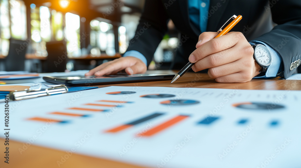 Aufkleber financial analyst reviewing charts and graphs on desk, showcasing data analysis and business strategy. focused expression highlights importance of financial insights