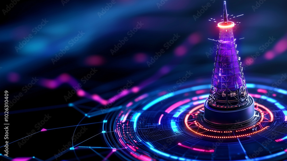 Poster futuristic digital tower surrounded by vibrant data visualizations and glowing circuits represents advanced technology and innovation. scene conveys sense of progress and connectivity