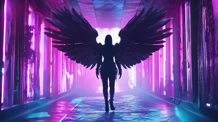 sci-fi fantasy futuristic an angel spreading wing walking in neon light tunnel against pink purple light