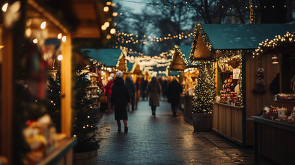 Christmas Market Scene with Holiday Decorations and Lights