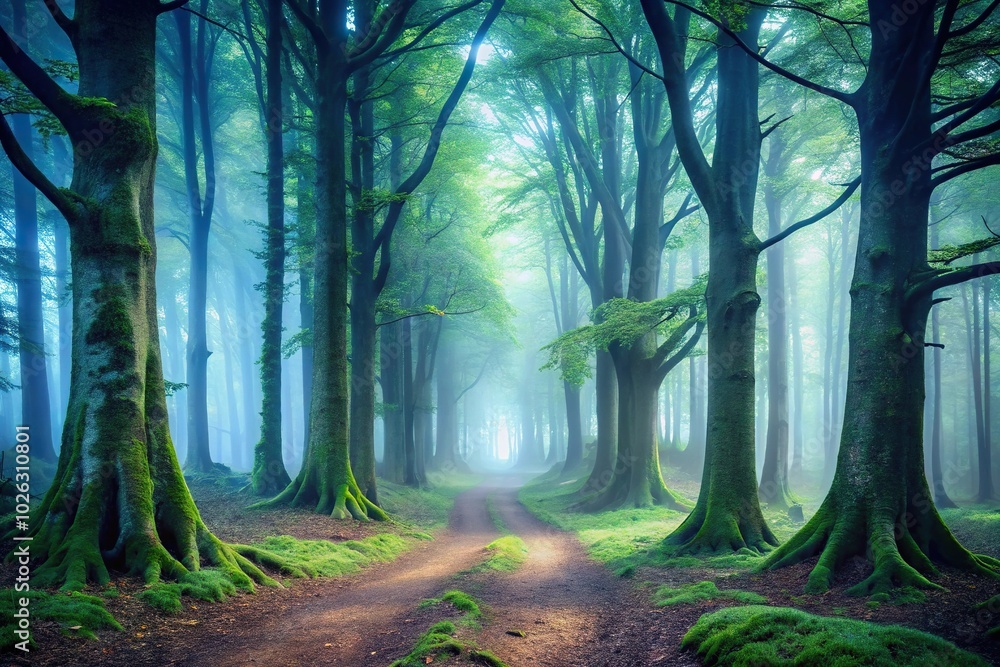 Wall mural mysterious foggy forest with ancient towering trees and hidden paths
