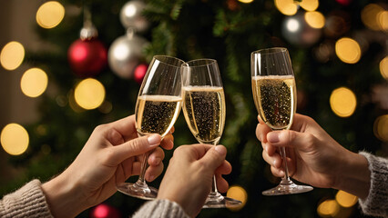 Sparkling champagne flutes with festive Christmas background. Happy New Year and wedding concept. Banner