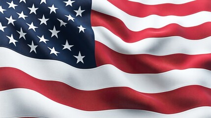 Fototapeta premium Waving flag with red and white stripes and white stars on a blue field symbolizing a nation.