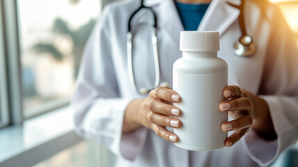 supplement bottle against a clean background, symbolizing purity, health, and wellness, ideal for showcasing vitamins, dietary supplements, and nutrition products