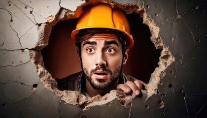 Young construction worker looks frightened through a hole in the wall