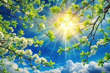 Obraz premium Lush Green Flowering Branches Against a Bright Blue Sky with Copy Space for Text