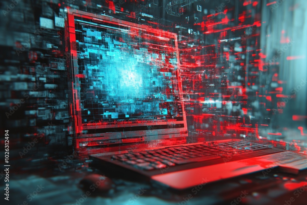 Poster a computer with a glowing blue screen surrounded by red and blue digital code.