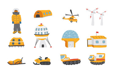 Polar station objects collection. Arctic or Antarctic expedition elements set. Vector illustration