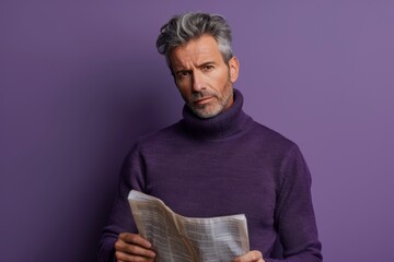 Grey-haired man wearing a purple sweater reading a newspaper.
